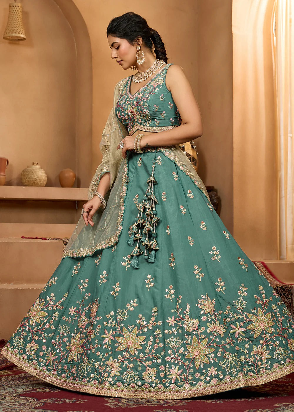 Radiant green georgette lehenga with sequins stone embroidery