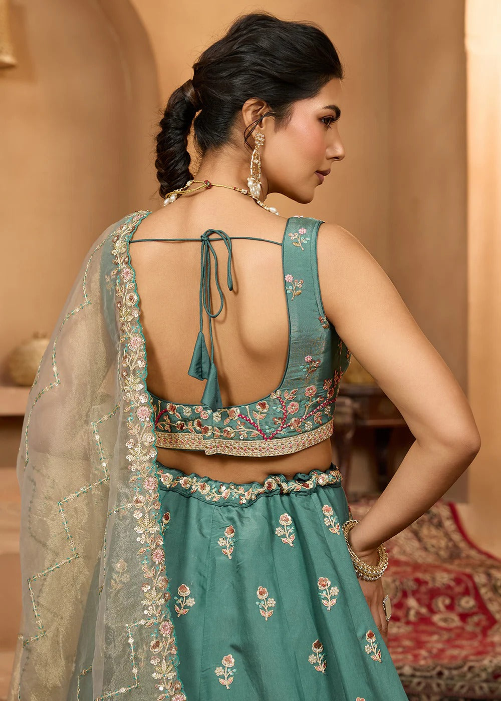 Radiant green georgette lehenga with sequins stone embroidery