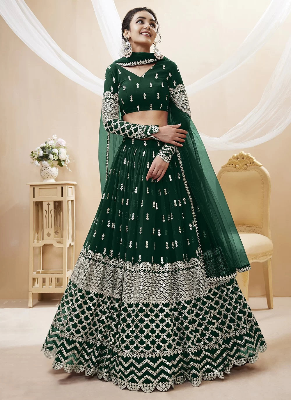 Green georgette indian lehenga with sequins and zari embroidery