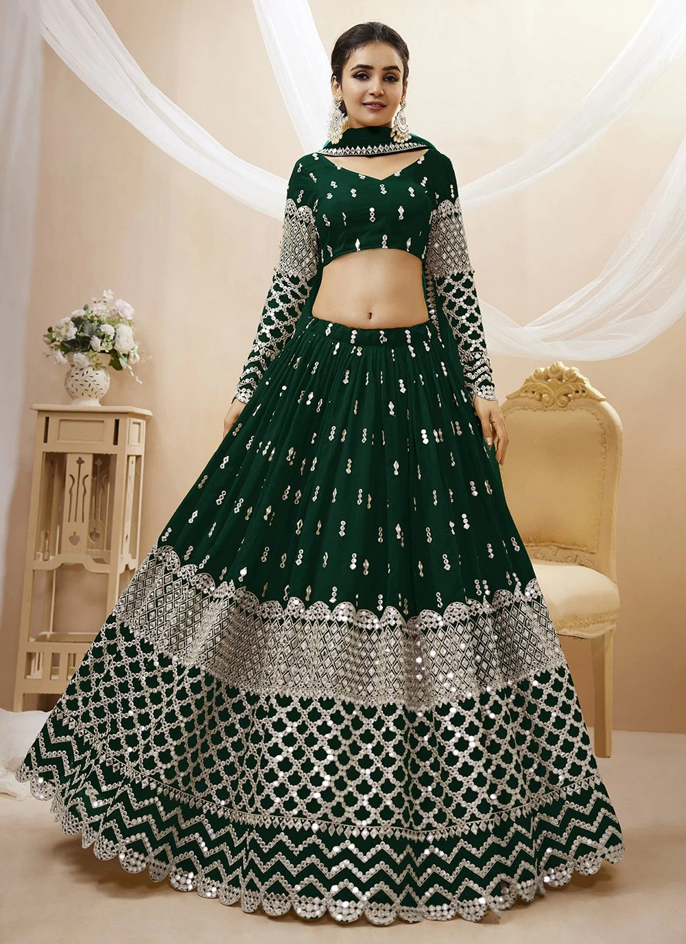 Green georgette indian lehenga with sequins and zari embroidery