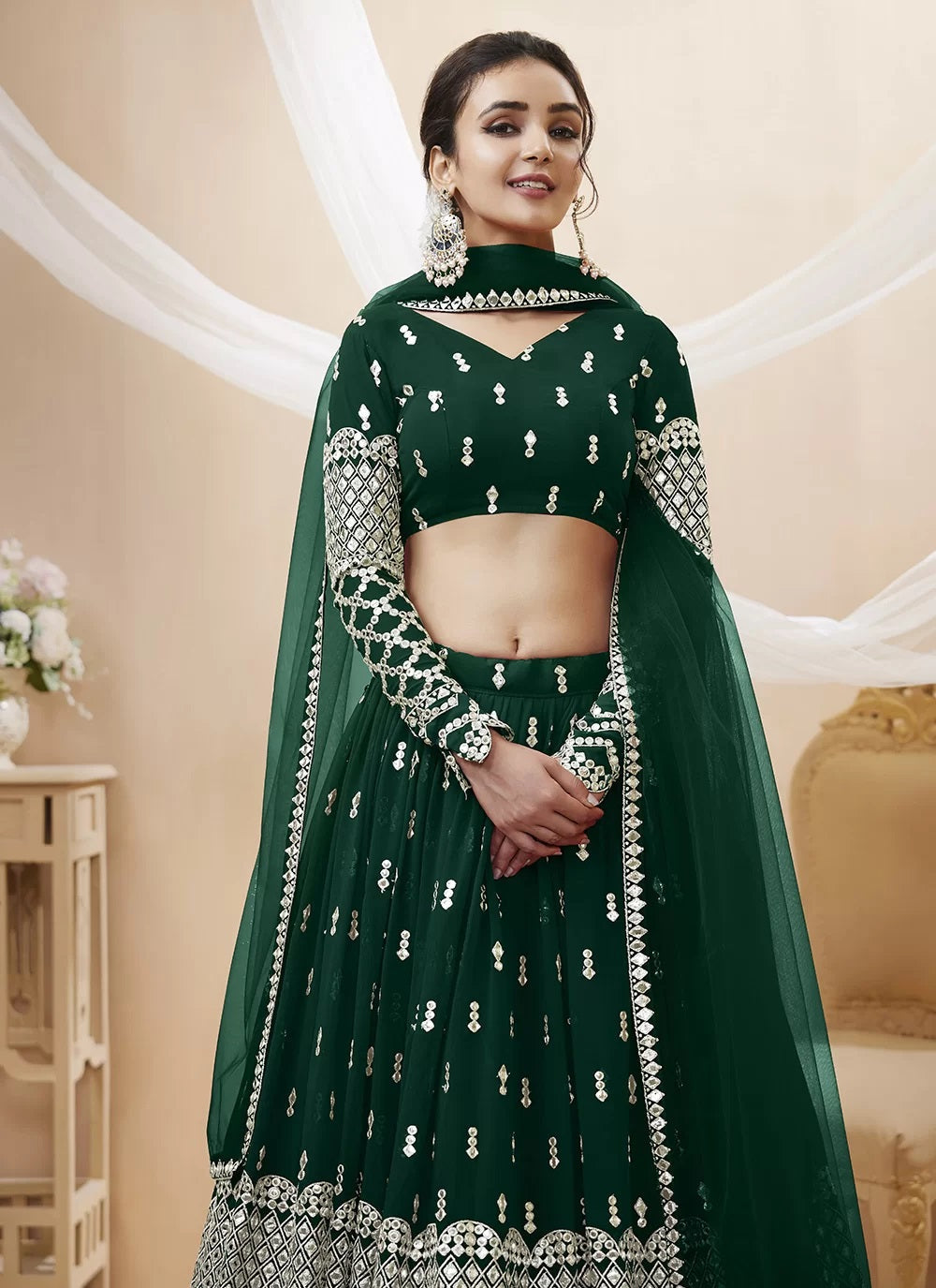 Green georgette indian lehenga with sequins and zari embroidery