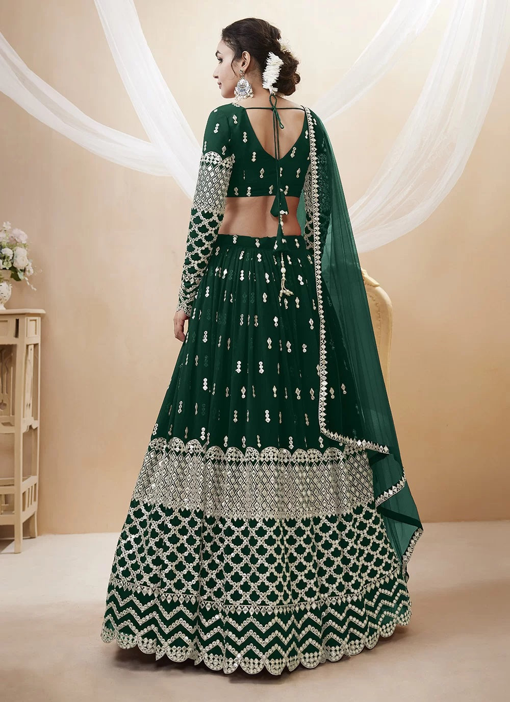 Green georgette indian lehenga with sequins and zari embroidery