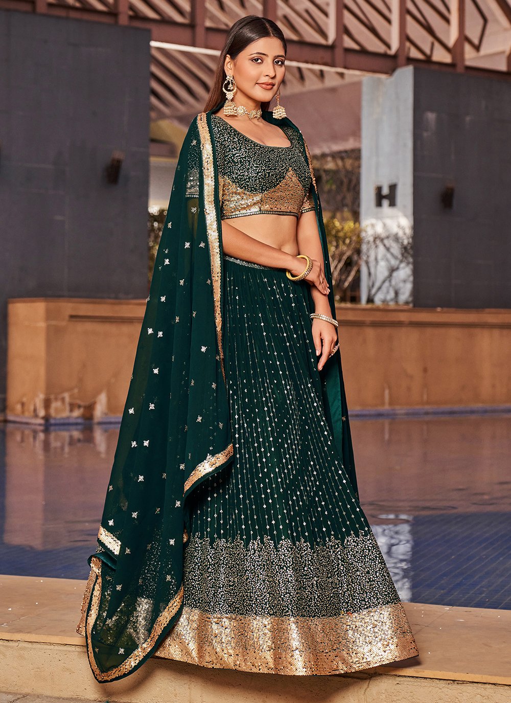 Green georgette multi sequins work designer indian party wear lehenga