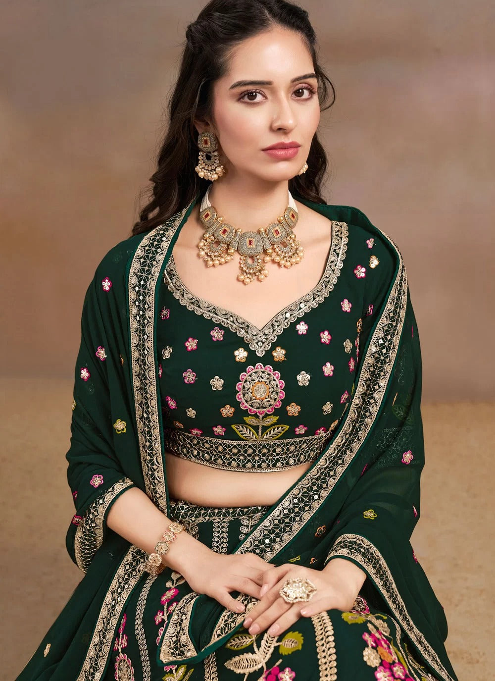 Majestic green georgette reception wear lehenga with sequins zari multicolor embroidery