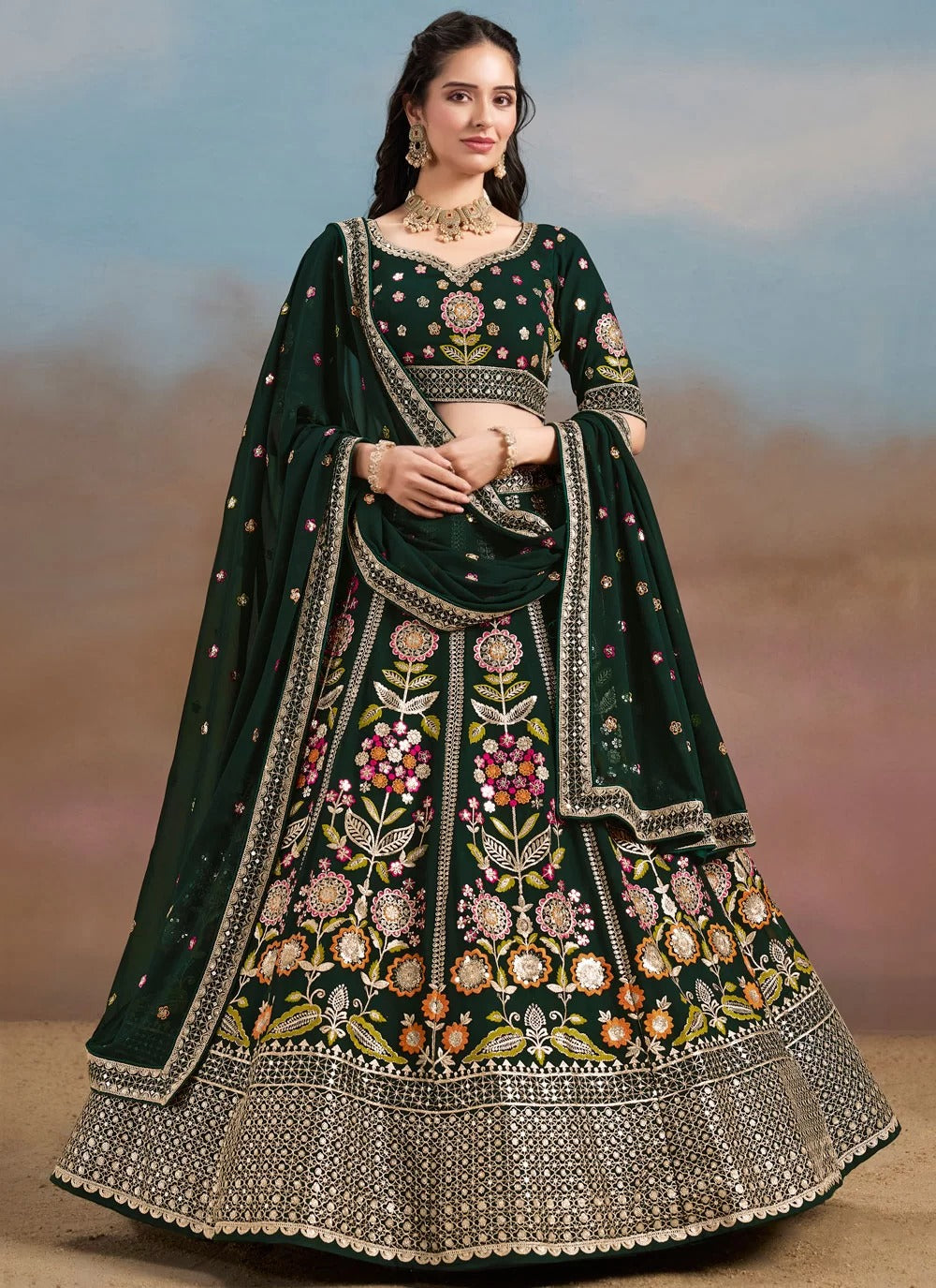 Majestic green georgette reception wear lehenga with sequins zari multicolor embroidery