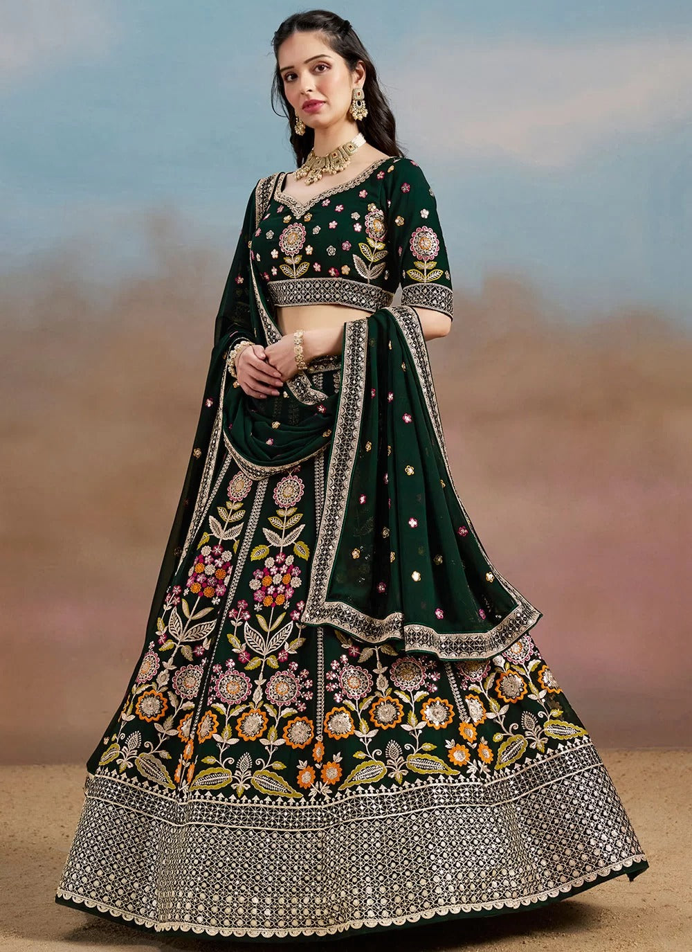 Majestic green georgette reception wear lehenga with sequins zari multicolor embroidery
