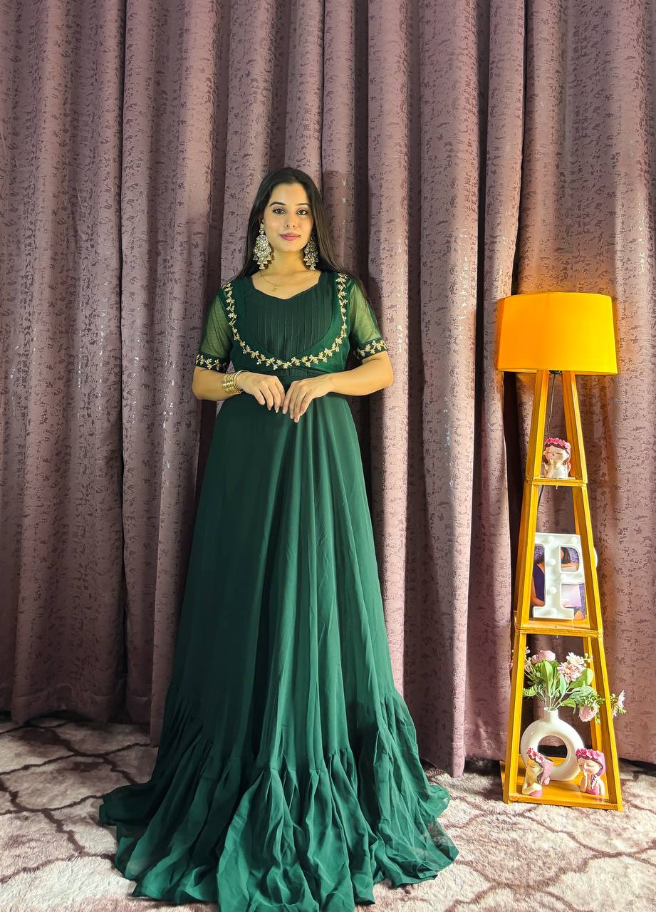 Green Georgette Ruffle Gown with Removable Net Koti – Festive Wear Collection