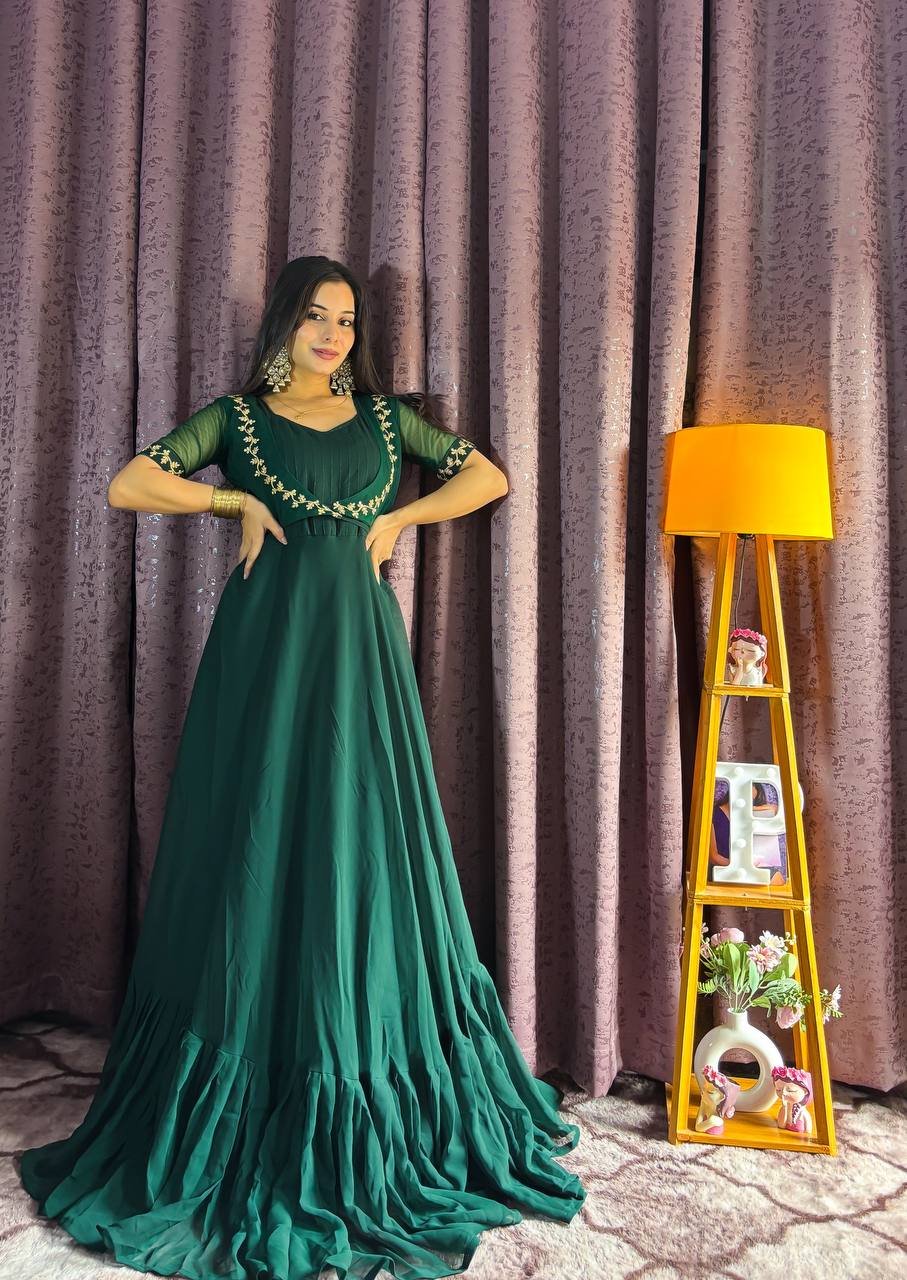 Green Georgette Ruffle Gown with Removable Net Koti – Festive Wear Collection