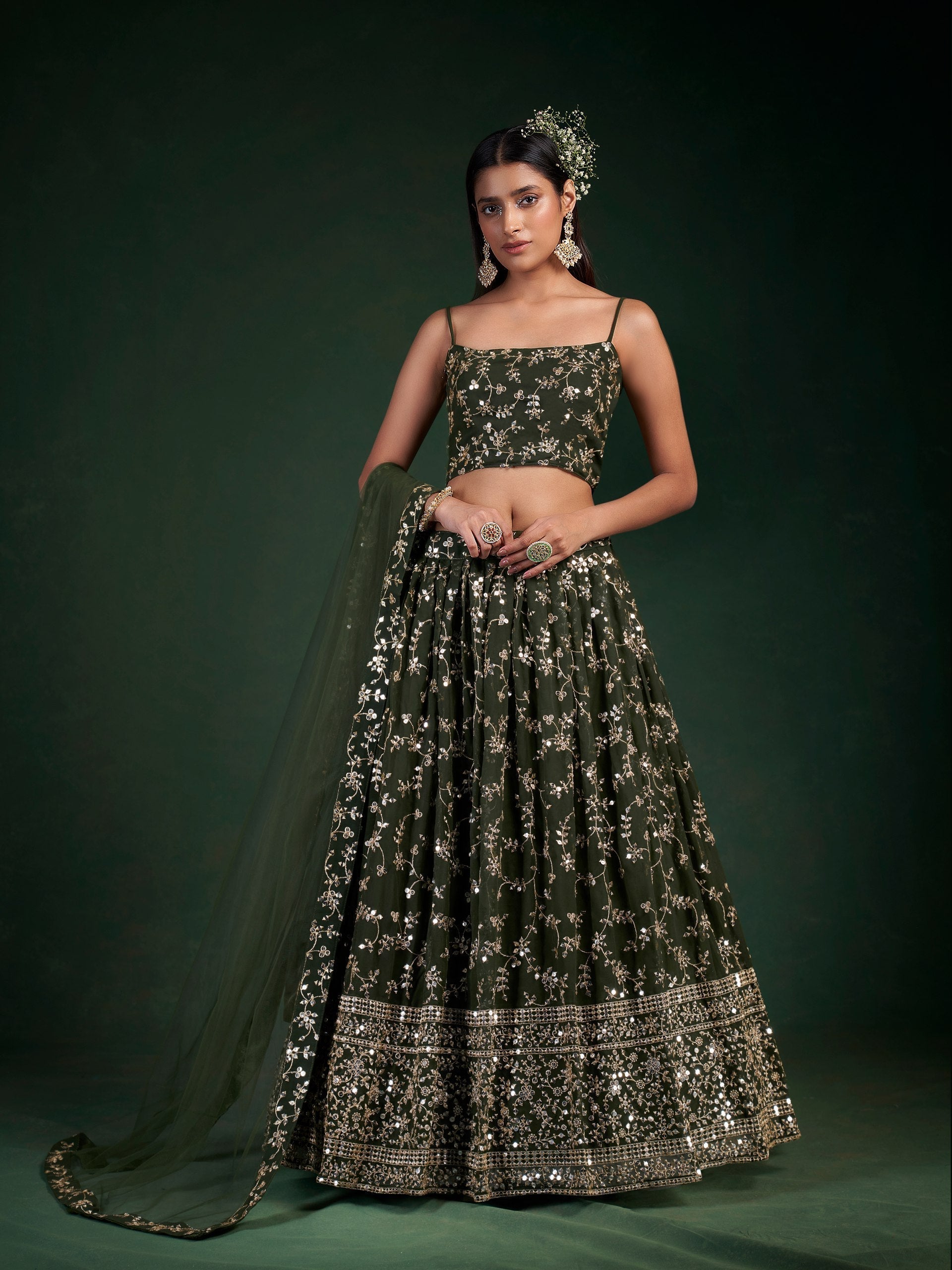 Dark Green Georgette Semi-Stitched Lehenga with 7mm Sequins & Zari Embroidery  Soft Net Dupatta Unstitched Blouse