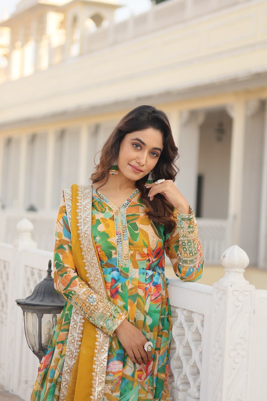 Luxurious Green Readymade Gown with Embroidered Dupatta Set