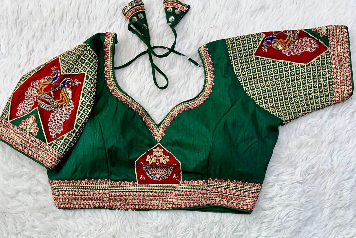 Green Handcrafted Sequined Blouse in Dilkush Silk