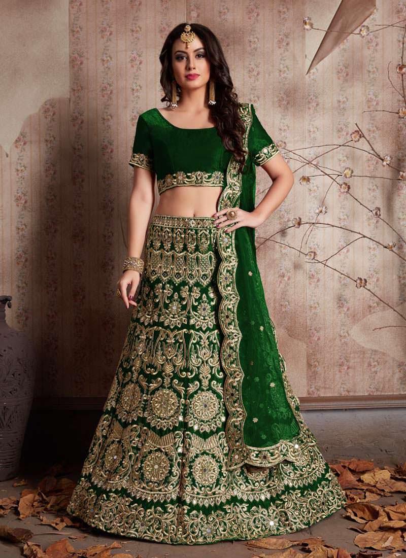 Green Heavily Embroidered Velvet Base Lehenga Choli