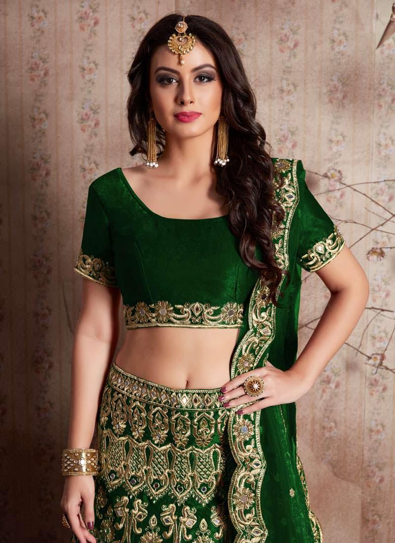 Green Heavily Embroidered Velvet Base Lehenga Choli