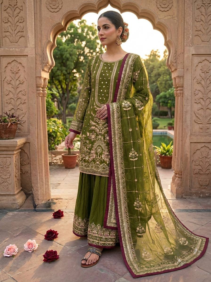Green Heavy Embroidered Plazzo Set