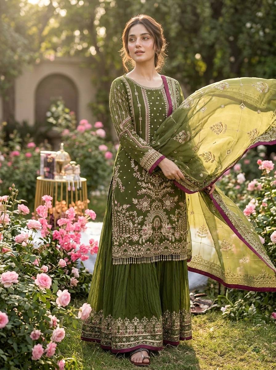 Green Heavy Embroidered Plazzo Set
