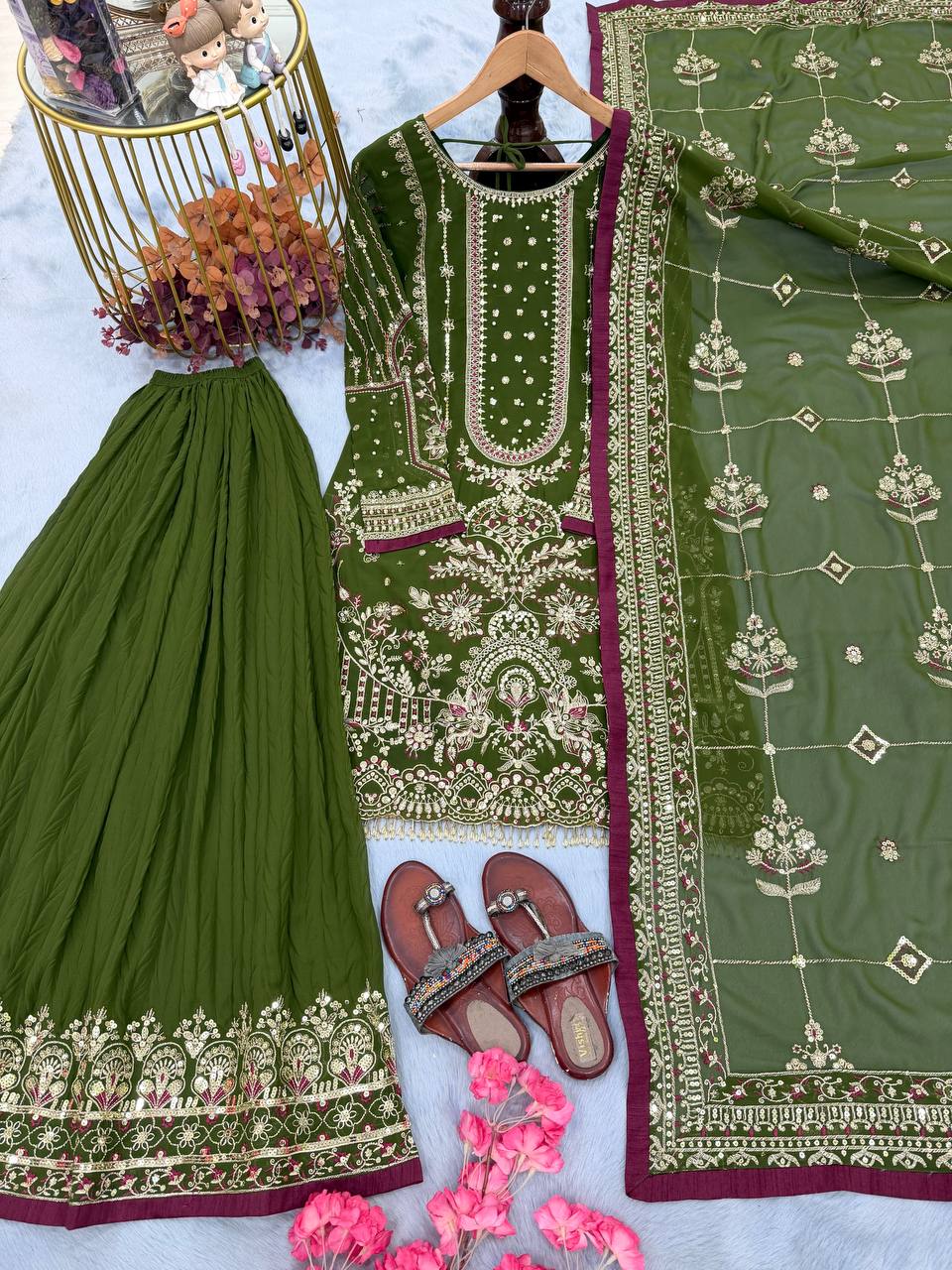 Green Heavy Embroidered Plazzo Set