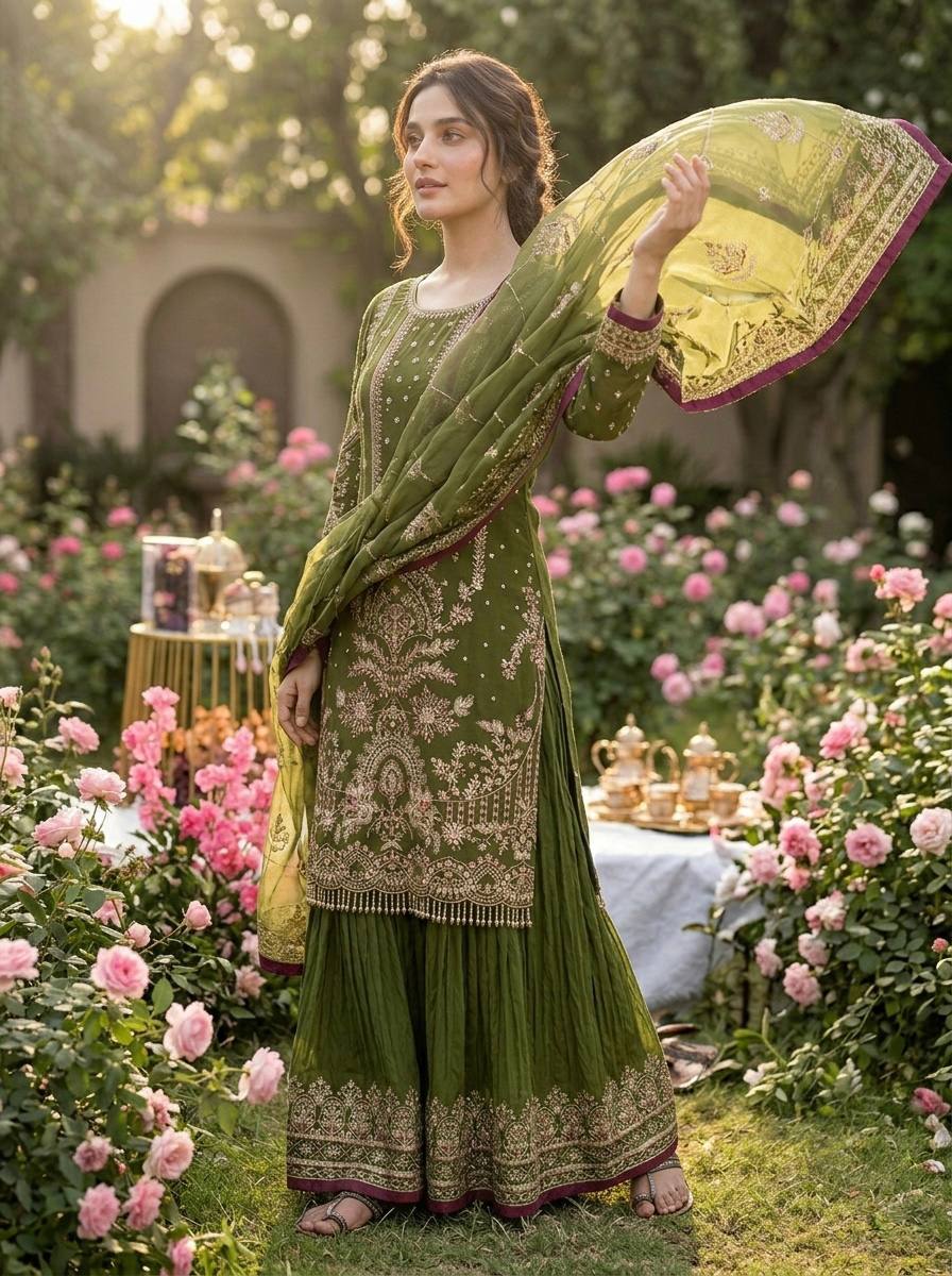 Green Heavy Embroidered Plazzo Set