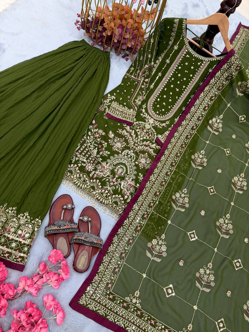 Green Heavy Embroidered Plazzo Set
