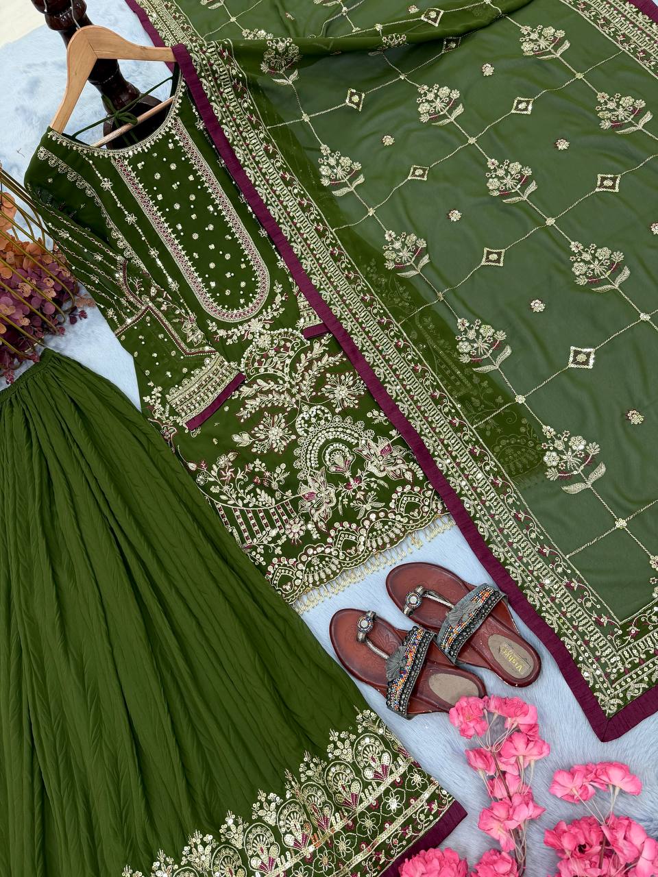 Green Heavy Embroidered Plazzo Set