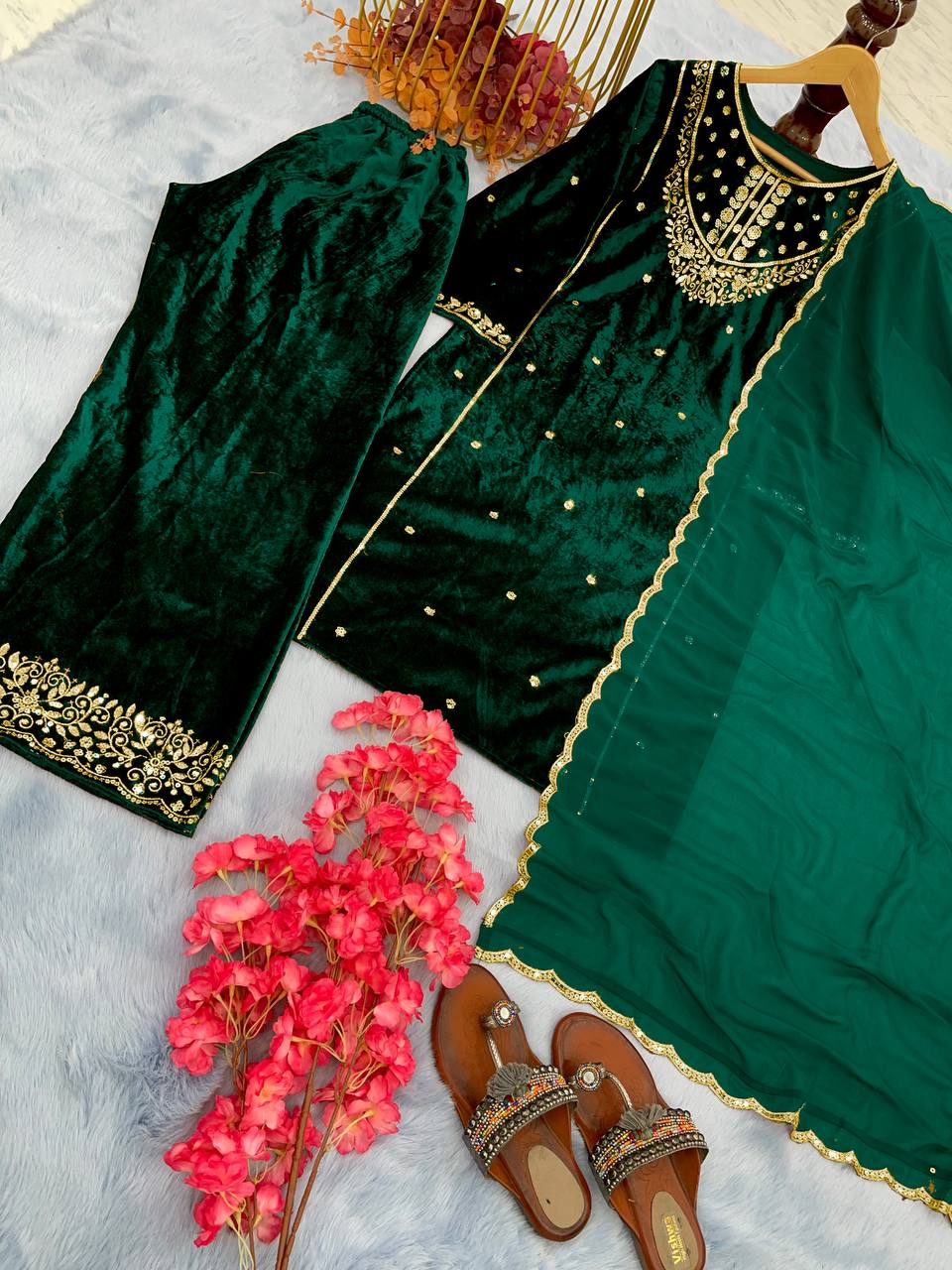 Green Heavy Pure Viscose Velvet Top with Plazzo & Dupatta Set - 5 mm Sequence Work and Fancy Sleeve