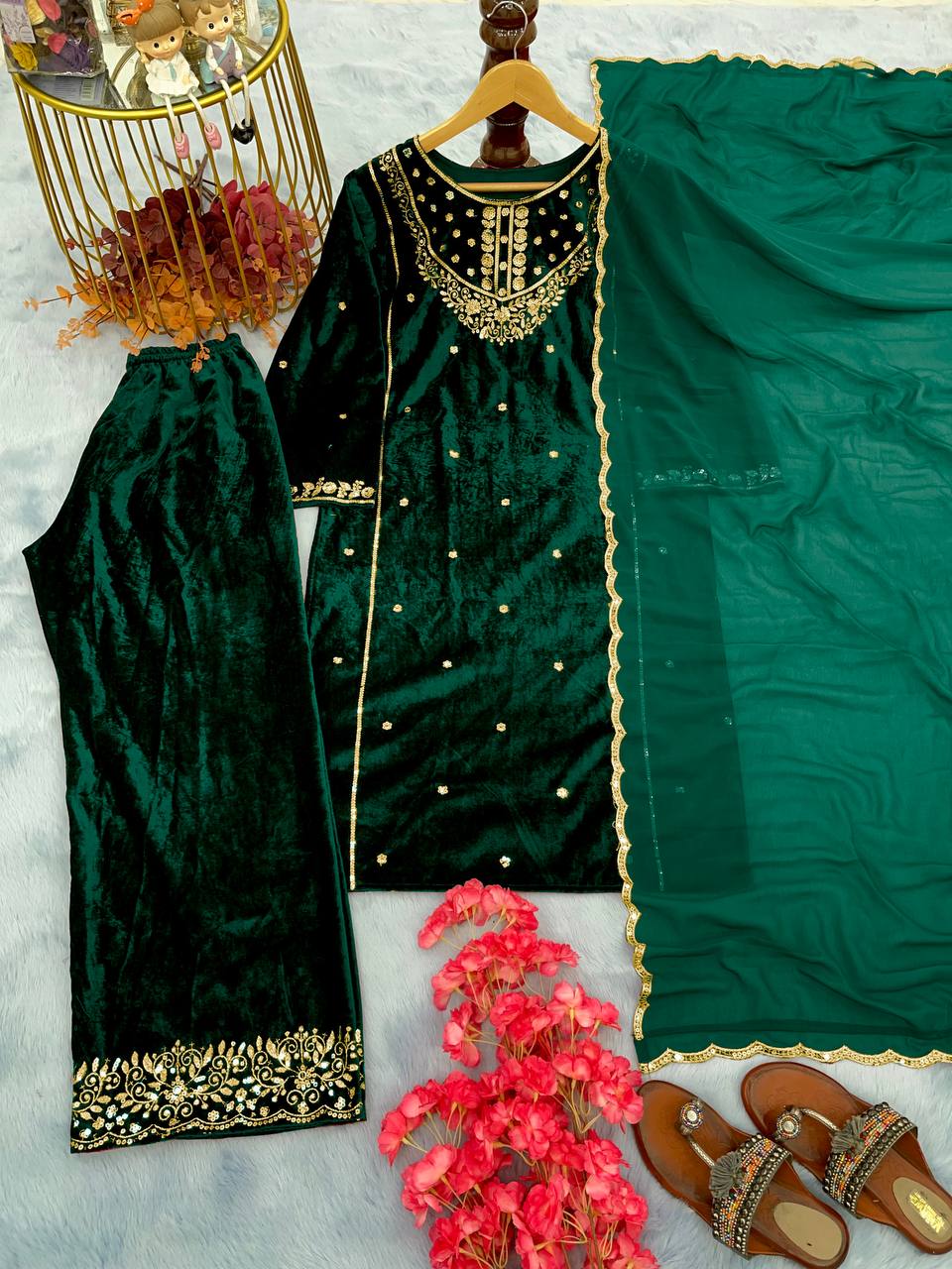 Green Heavy Pure Viscose Velvet Top with Plazzo & Dupatta Set - 5 mm Sequence Work and Fancy Sleeve