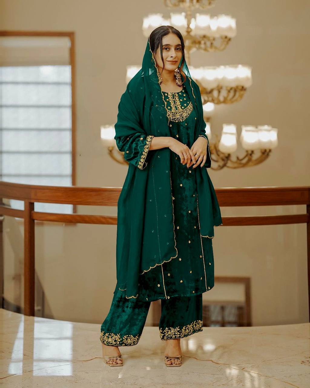Green Heavy Pure Viscose Velvet Top with Plazzo & Dupatta Set - 5 mm Sequence Work and Fancy Sleeve