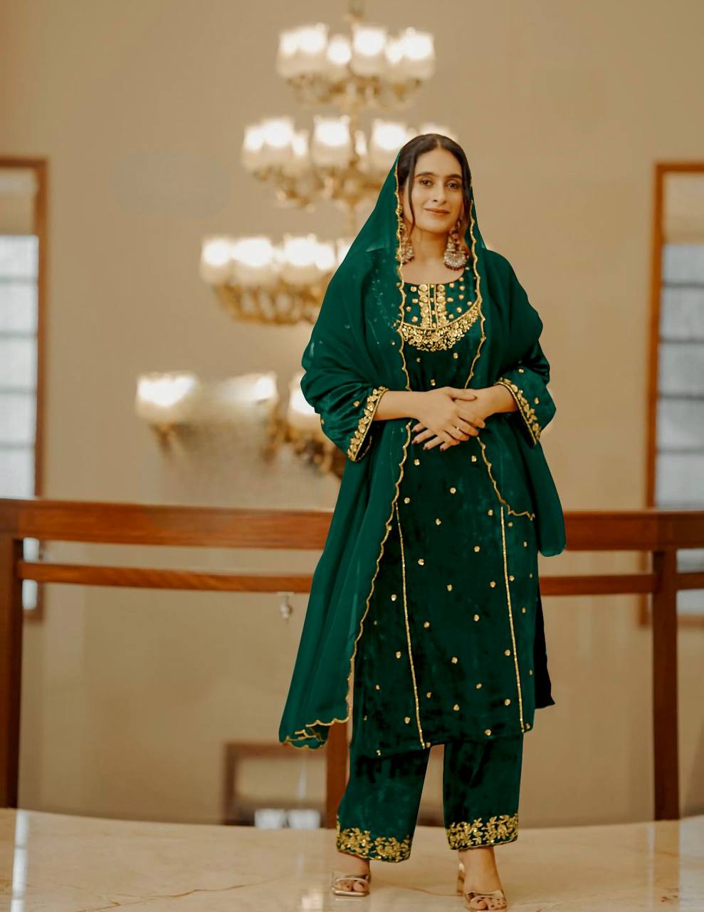 Green Heavy Pure Viscose Velvet Top with Plazzo & Dupatta Set - 5 mm Sequence Work and Fancy Sleeve