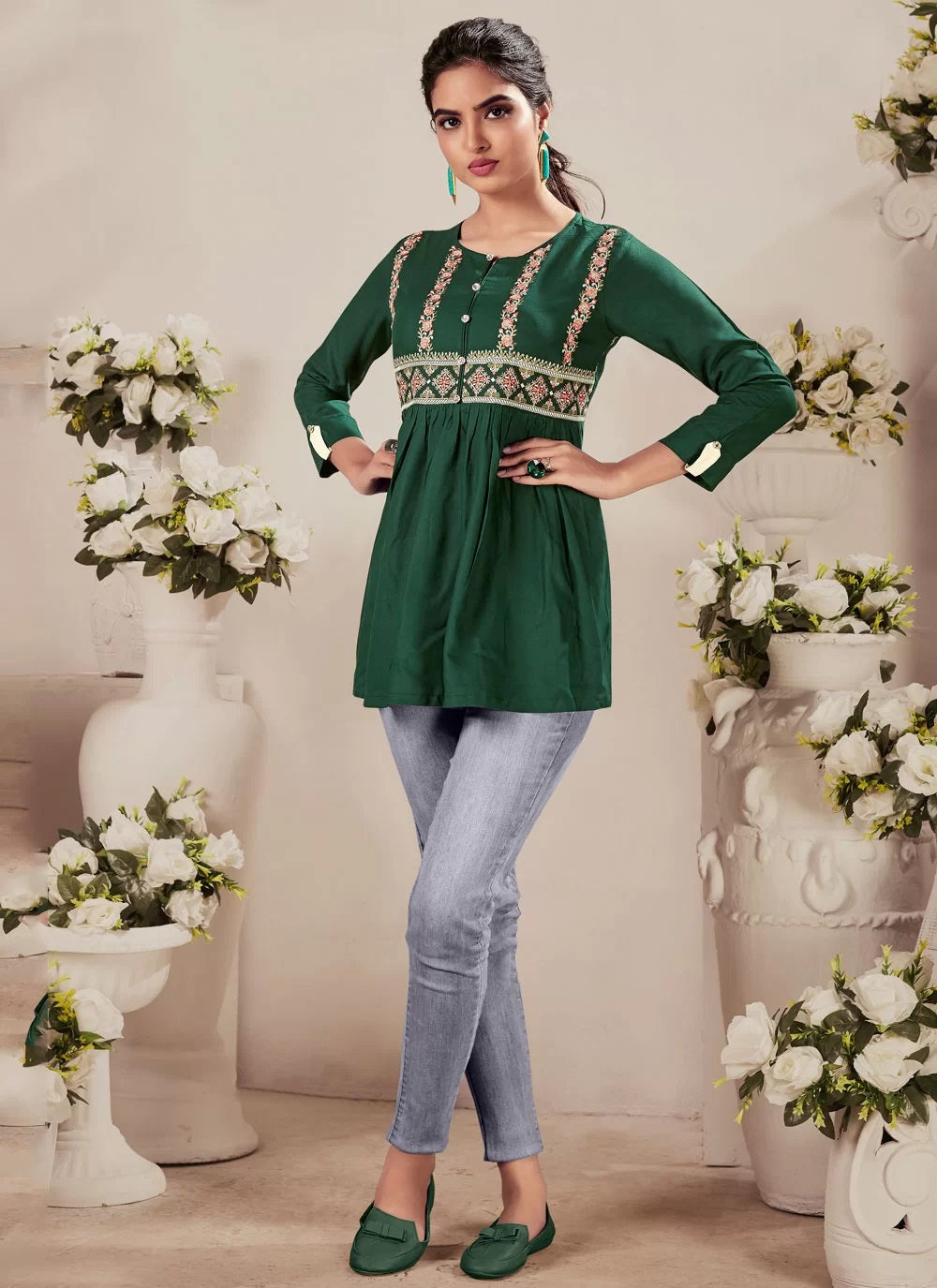 Green heavy reyon embroidered short tunic top for women