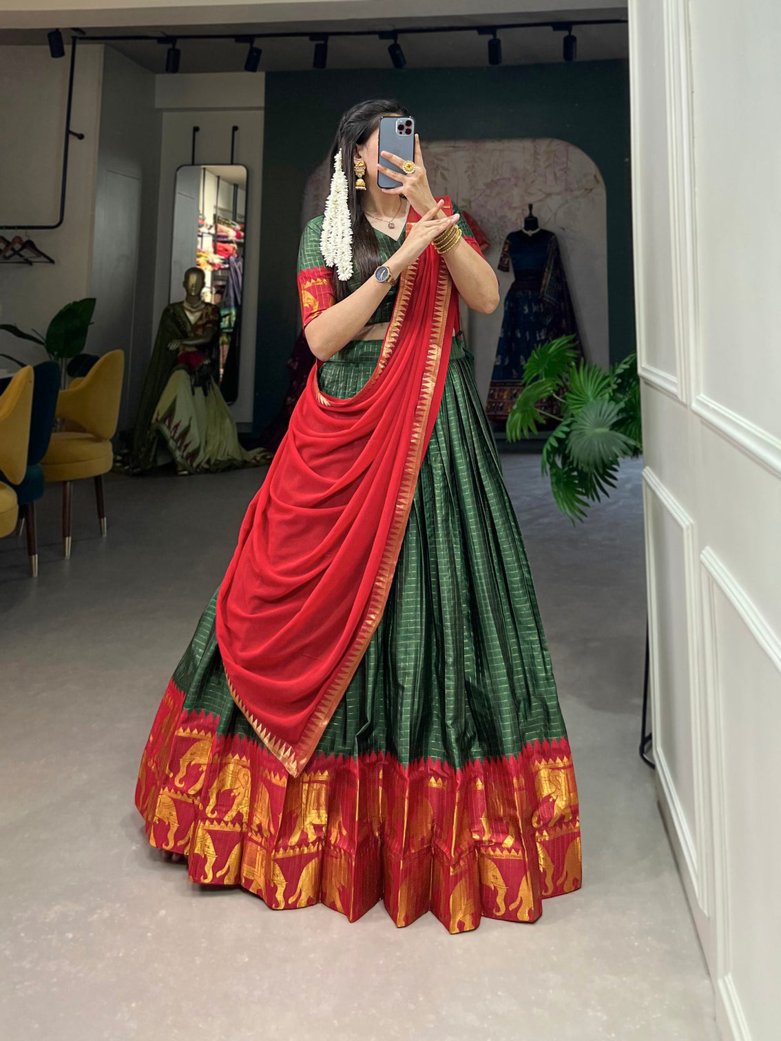 Green Kalyani Cotton Lehenga Choli Set with Flowy Georgette Dupatta for Timeless Elegance