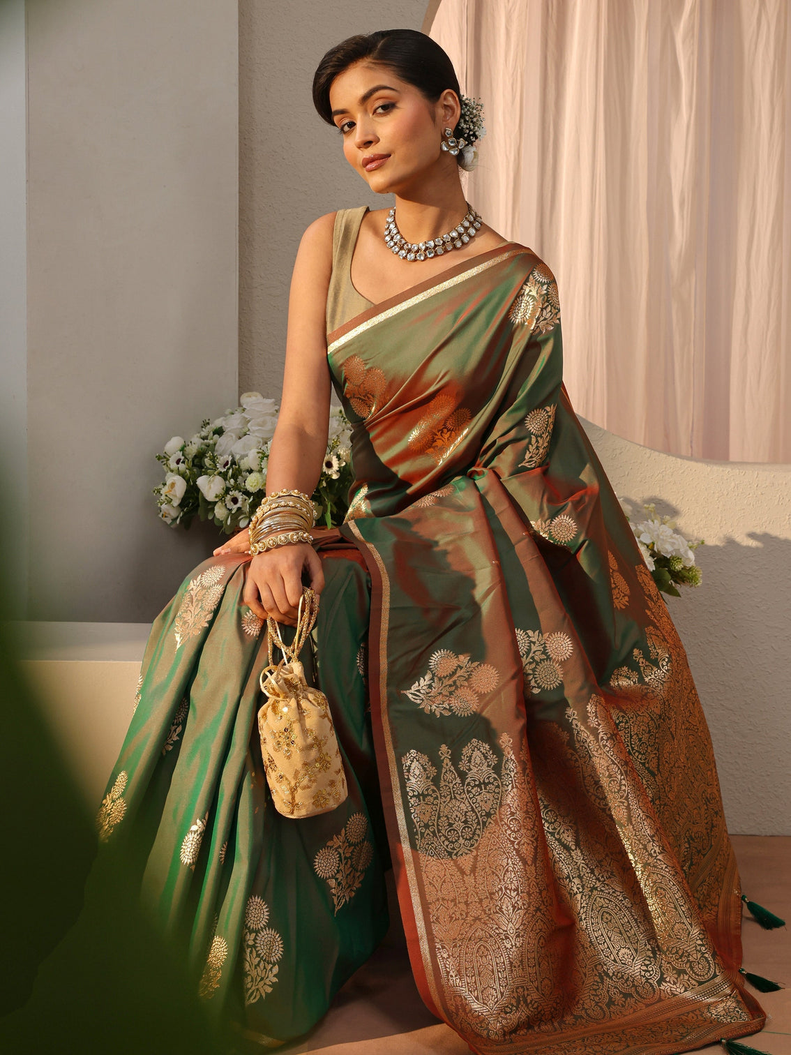 Mameraa Green Kanjeevaram Silk Blend Saree