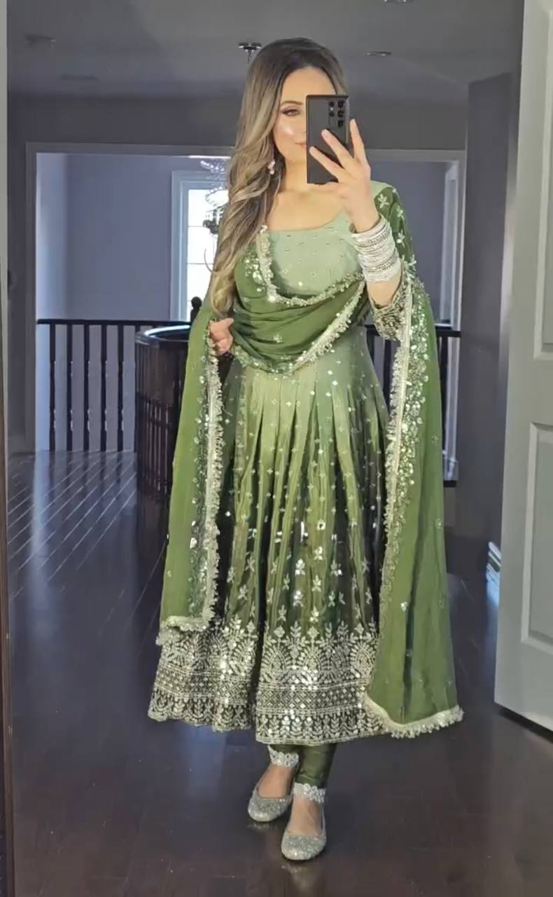 Green legant Dual-Tone Chinon Silk Anarkali Gown Set – Embroidered Party Wear