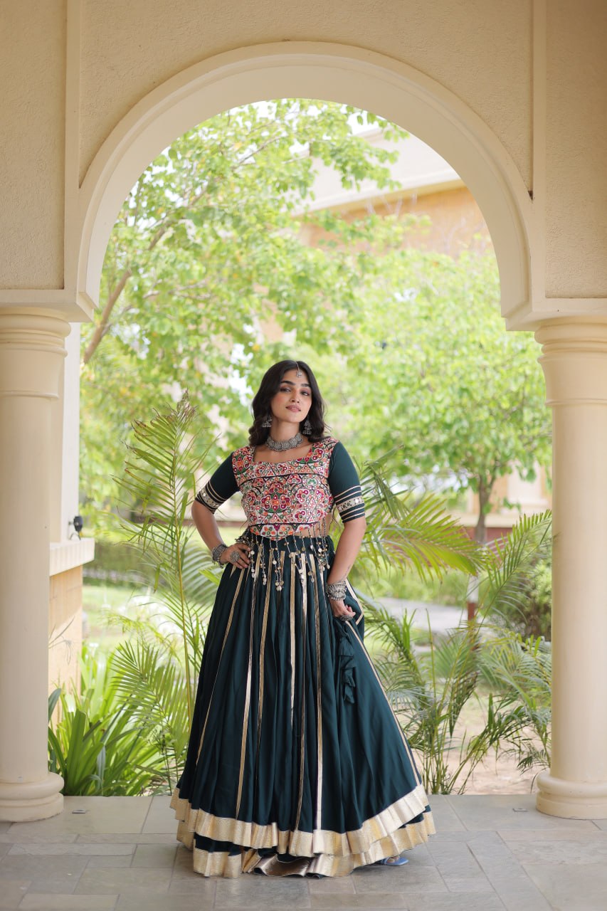Green Lehenga Choli with Mirror & Gota work
