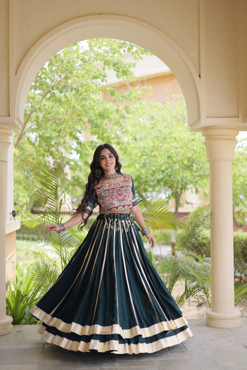 Green Lehenga Choli with Mirror & Gota work