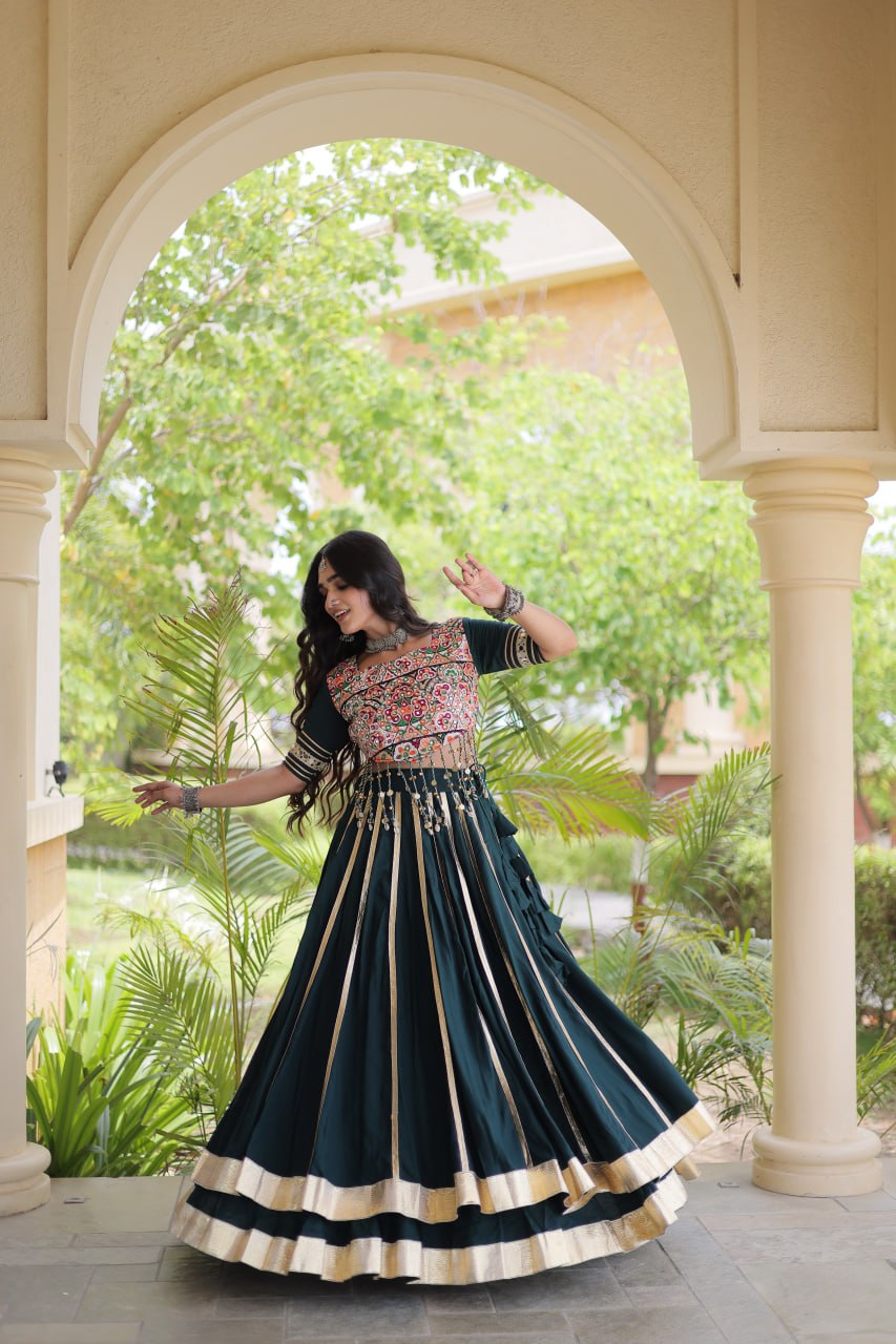 Green Lehenga Choli with Mirror & Gota work