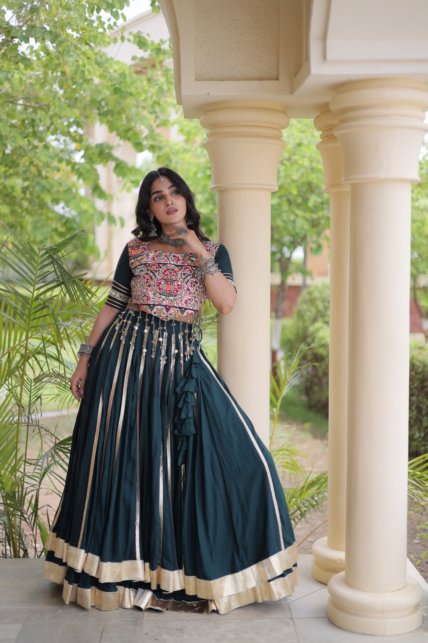 Green Lehenga Choli with Mirror & Gota work
