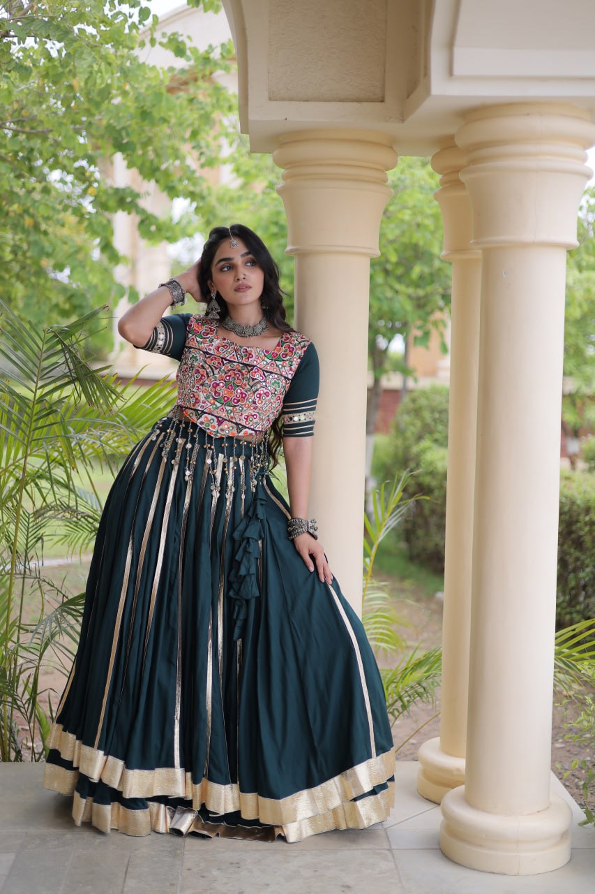 Green Lehenga Choli with Mirror & Gota work