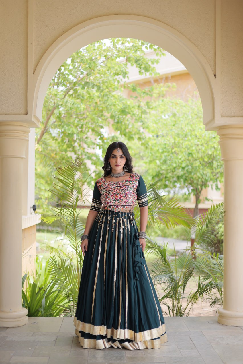 Green Lehenga Choli with Mirror & Gota work