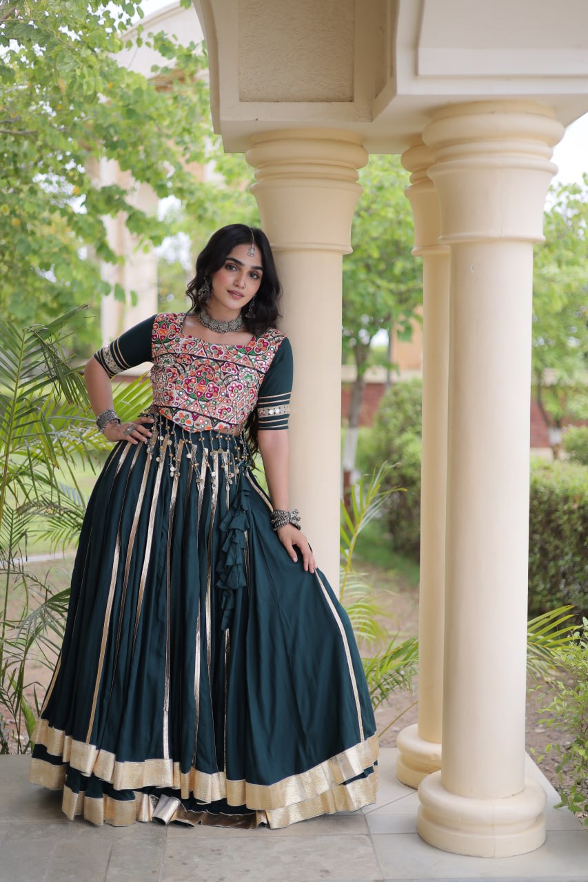 Green Lehenga Choli with Mirror & Gota work