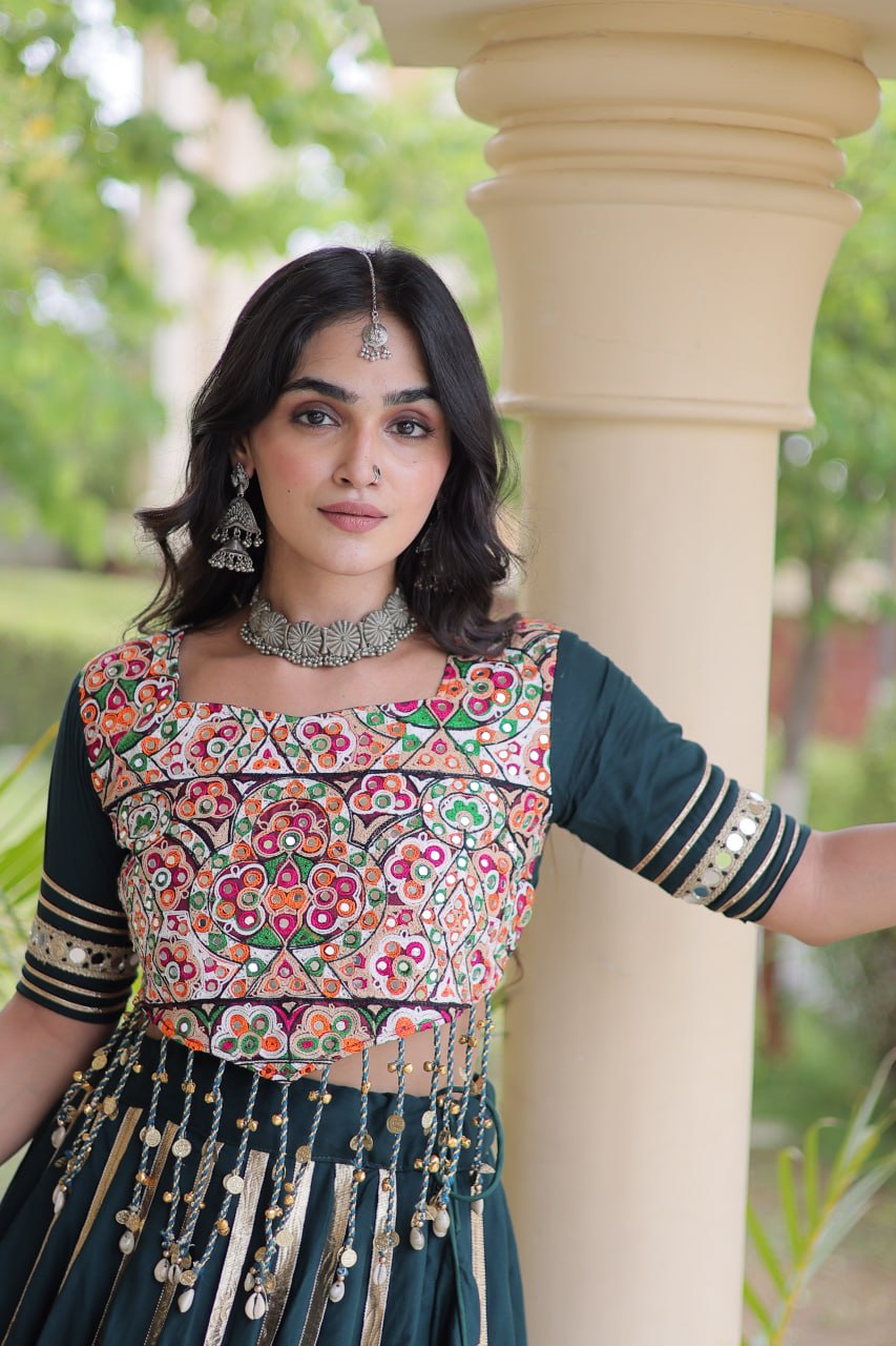 Green Lehenga Choli with Mirror & Gota work