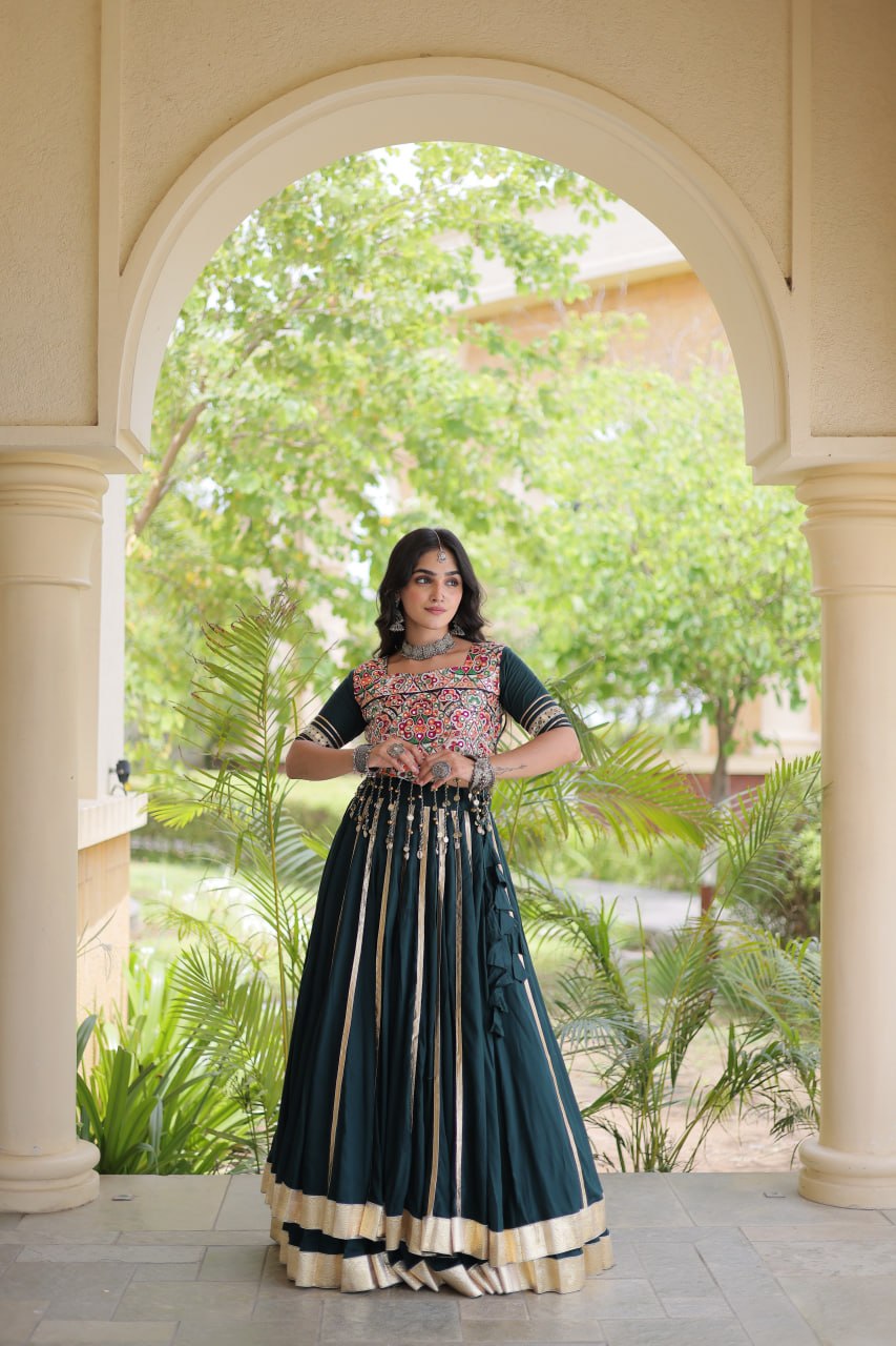 Green Lehenga Choli with Mirror & Gota work