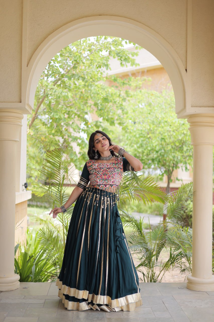 Green Lehenga Choli with Mirror & Gota work