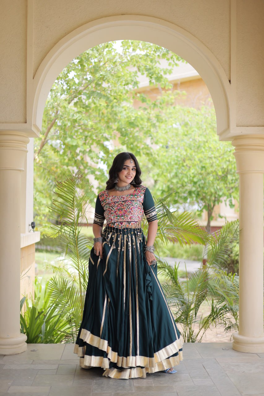 Green Lehenga Choli with Mirror & Gota work