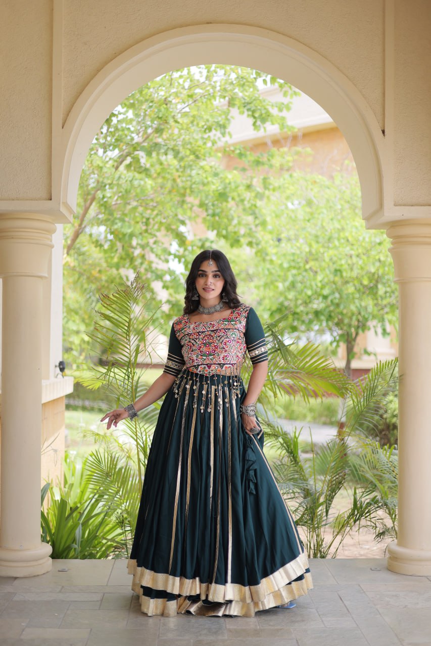 Green Lehenga Choli with Mirror & Gota work