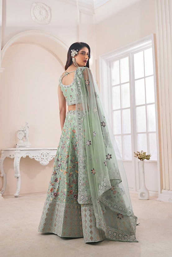 Designer Green Lehenga Choli with Multicolor Thread Embroidery