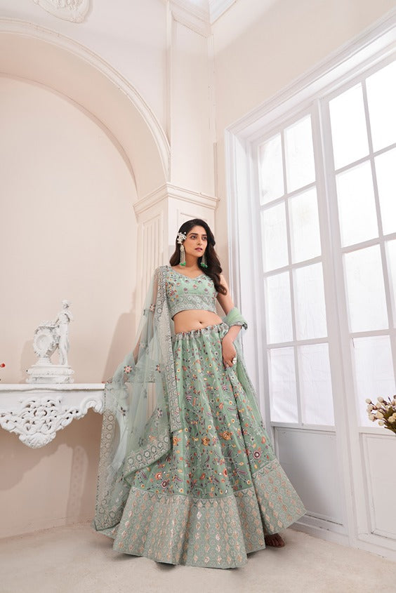 Designer Green Lehenga Choli with Multicolor Thread Embroidery