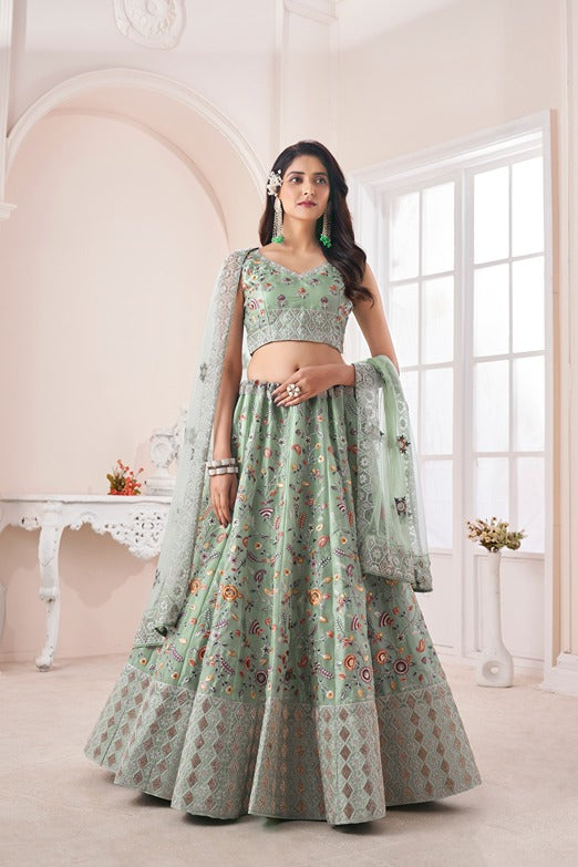 Designer Green Lehenga Choli with Multicolor Thread Embroidery