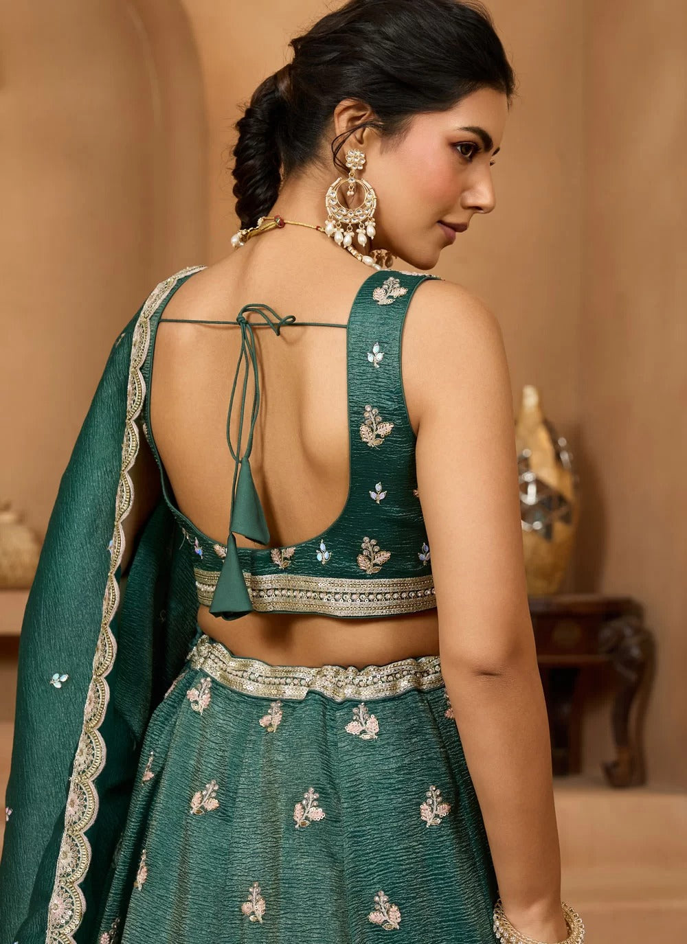 Radiant green tissue lehenga with sequin stone embroidery