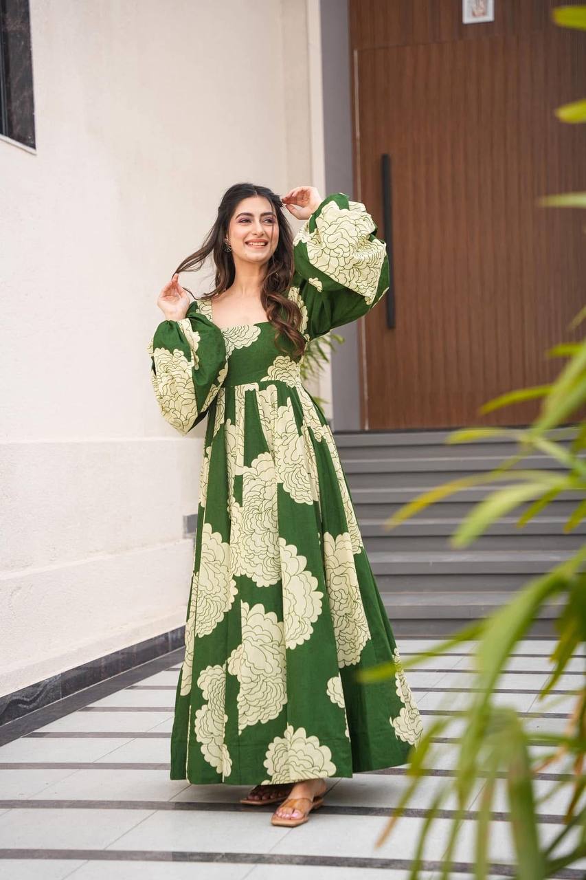 Green Luxury Maslin Digital Print Gown Suit with Micro Cotton Pants