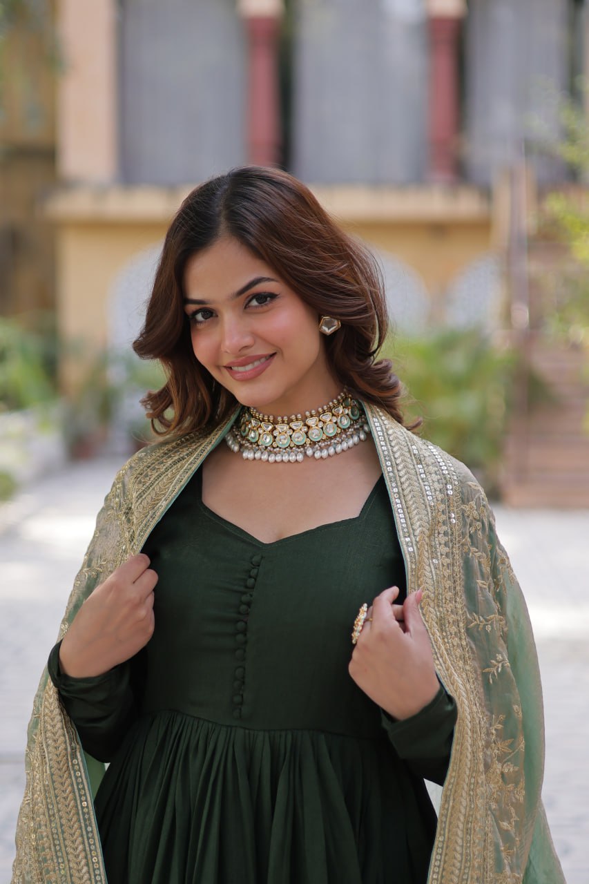 Green Luxury Shimmer Vichitra Gown with Embroidered Dupatta – Elegance Redefined