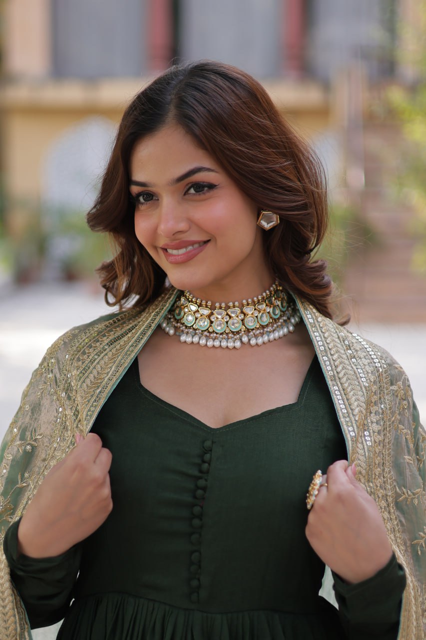 Green Luxury Shimmer Vichitra Gown with Embroidered Dupatta – Elegance Redefined